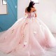 Sparkly Pink Quinceanera Dresses XV Ball Gown Lace Applique Flower Off the Shoulder Princess Sweet 16 Dress