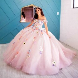 Sparkly Pink Quinceanera Dresses XV Ball Gown Lace Applique Flower Off the Shoulder Princess Sweet 16 Dress