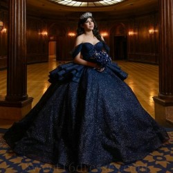 Sparkly Princess Navy Blue Off Shoulder Quinceanera Dresses Ball Gown 2024 Sweetheart Beads Crystal Sweet 16 Vestidos De 15 Anos