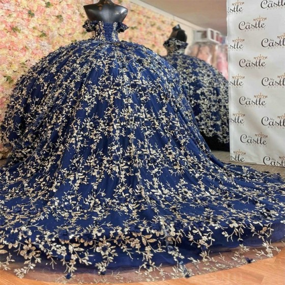 Sparkly Princess Navy Blue Off Shoulder Quinceanera Dresses Sweetheart Gold Lace Applique Sweet 16 Ball Gown Vestidos De 15 Anos