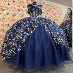 Sparkly Princess Navy Blue Off Shoulder Quinceanera Dresses Sweetheart Gold Lace Applique Sweet 16 Ball Gown Vestidos De 15 Anos