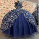 Sparkly Princess Navy Blue Off Shoulder Quinceanera Dresses Sweetheart Gold Lace Applique Sweet 16 Ball Gown Vestidos De 15 Anos