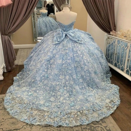 Sparkly Princess Sky Blue Off Shoulder Quinceanera Dresses Sweetheart Lace Applique Bow Sweet 16 Ball Gown Vestidos De 15 Anos