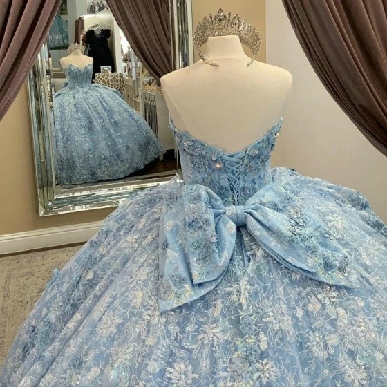 Sparkly Princess Sky Blue Off Shoulder Quinceanera Dresses Sweetheart Lace Applique Bow Sweet 16 Ball Gown Vestidos De 15 Anos