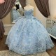 Sparkly Princess Sky Blue Off Shoulder Quinceanera Dresses Sweetheart Lace Applique Bow Sweet 16 Ball Gown Vestidos De 15 Anos