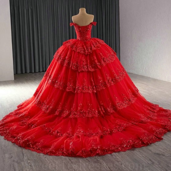 Sparkly Red Princess Quinceanera Dresses Off Shoulder Applique Lace Beaded Tull Prom Lace Up Mexican Sweet 16 vestido 15 anos