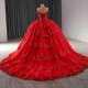 Sparkly Red Princess Quinceanera Dresses Off Shoulder Applique Lace Beaded Tull Prom Lace Up Mexican Sweet 16 vestido 15 anos