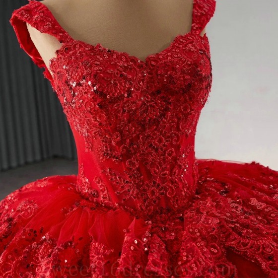 Sparkly Red Princess Quinceanera Dresses Off Shoulder Applique Lace Beaded Tull Prom Lace Up Mexican Sweet 16 vestido 15 anos