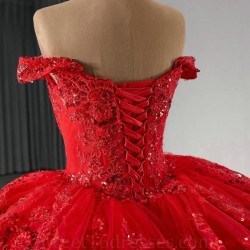 Sparkly Red Princess Quinceanera Dresses Off Shoulder Applique Lace Beaded Tull Prom Lace Up Mexican Sweet 16 vestido 15 anos