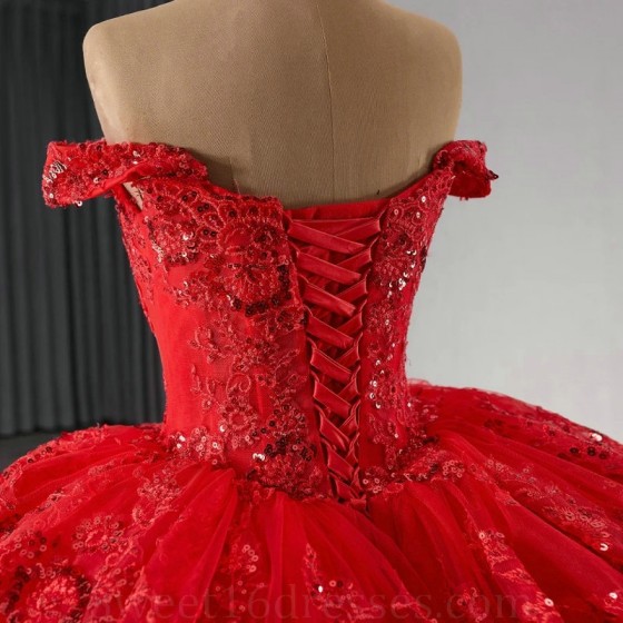 Sparkly Red Princess Quinceanera Dresses Off Shoulder Applique Lace Beaded Tull Prom Lace Up Mexican Sweet 16 vestido 15 anos