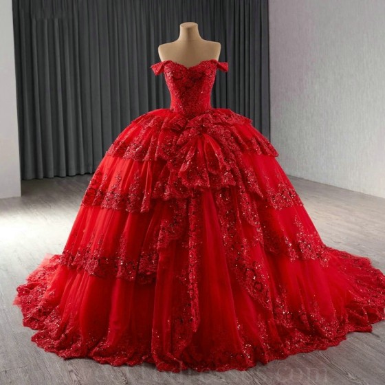 Sparkly Red Princess Quinceanera Dresses Off Shoulder Applique Lace Beaded Tull Prom Lace Up Mexican Sweet 16 vestido 15 anos