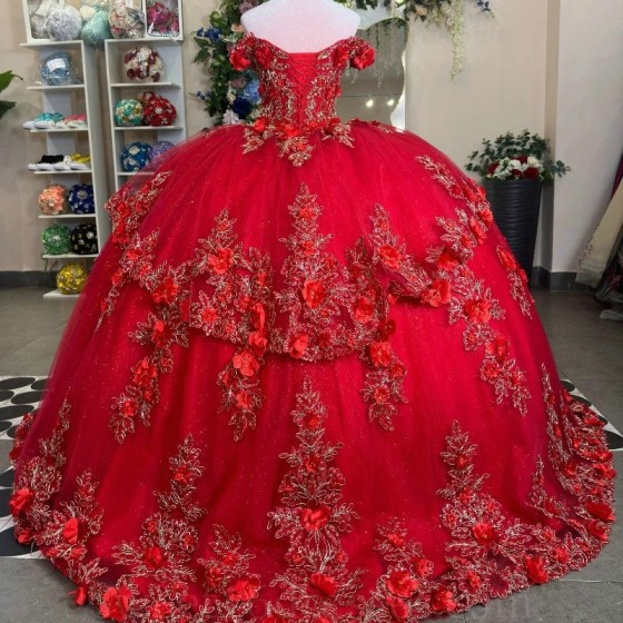 Sparkly Red Quinceanera Dress Ball Gown Off The Shoulder Lace Applique Flower Beads Tull Corset Sweet 16 Vestidos De 15 Anos