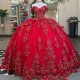 Sparkly Red Quinceanera Dress Ball Gown Off The Shoulder Lace Applique Flower Beads Tull Corset Sweet 16 Vestidos De 15 Anos