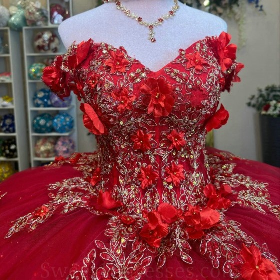 Sparkly Red Quinceanera Dress Ball Gown Off The Shoulder Lace Applique Flower Beads Tull Corset Sweet 16 Vestidos De 15 Anos