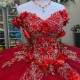 Sparkly Red Quinceanera Dress Ball Gown Off The Shoulder Lace Applique Flower Beads Tull Corset Sweet 16 Vestidos De 15 Anos