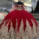 Sparkly Red Quinceanera Dresses Halter Beads Gold Appliques Lace With Cape Princess Sweet 16 Party Gown vestidos para xv anos