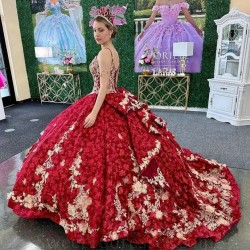 Sparkly Red Spaghetti Strap Luxury Quinceanera Dress 2024 Ball Gown Charro Mexican Appliques Flower Beads Dress