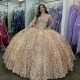 Sparkly Rose Gold Ball Gown Quinceanera Dress With Bow Sweetheart Applique Bead Crystal Birthday Party Sweet 15 Vestidos De 15