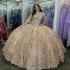 Sparkly Rose Gold Ball Gown Quinceanera Dress With Bow Sweetheart Applique Bead Crystal Birthday Party Sweet 15 Vestidos De 15