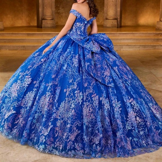 Sparkly Royal Blue Princess Quinceanera Dresses Off Shoulder Ball Gown Glitter Lace Crystals Beads Tull Sweet 16th Dress Vestido