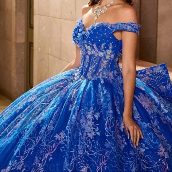 Sparkly Royal Blue Princess Quinceanera Dresses Off Shoulder Ball Gown Glitter Lace Crystals Beads Tull Sweet 16th Dress Vestido