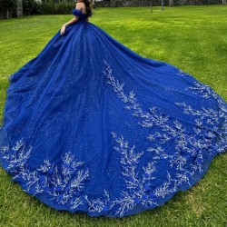 Sparkly Royal Blue Quinceanera Dress Ball Gown Off The Shoulder Lace Applique Beaded Tull Corset Mexican Sweet 16 Vestidos De 15