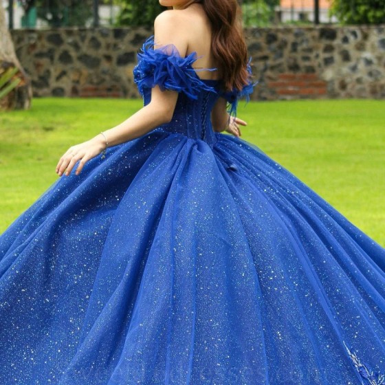 Sparkly Royal Blue Quinceanera Dress Ball Gown Off The Shoulder Lace Applique Beaded Tull Corset Mexican Sweet 16 Vestidos De 15