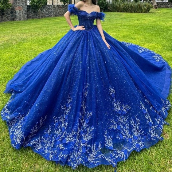 Sparkly Royal Blue Quinceanera Dress Ball Gown Off The Shoulder Lace Applique Beaded Tull Corset Mexican Sweet 16 Vestidos De 15