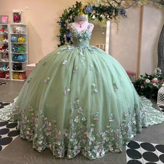 Sparkly Sage Green Quinceanera Dress Ball Gown Off The Shoulder 3D Floral Applique Beaded Corset Sweet 16 Vestidos De 15 Anos