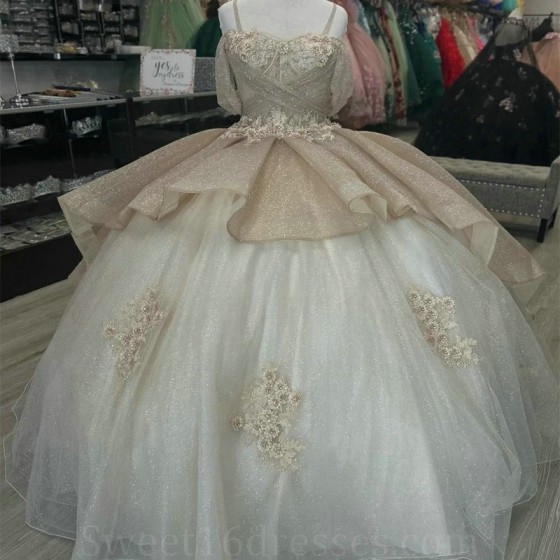 Sparky Ivory Shiny 3D Flowers Off the Shoulder Quinceanera Dress 2024 Applique Lace Princess Ball Gown for Sweet 16 Dress