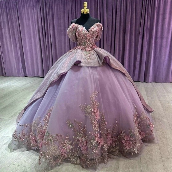 Sparky Lavender 3D Flowers Off the Shoulder Quinceanera Dress With Ruffles Beads Princess Ball Gown for Sweet 16 Dress