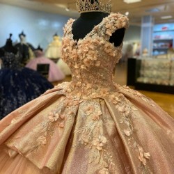 Sparky Rose Gold Shiny 3D Flowers Off the Shoulder Quinceanera Dress Beaded Tiered Princess Ball Gown for Sweet 16 Dress