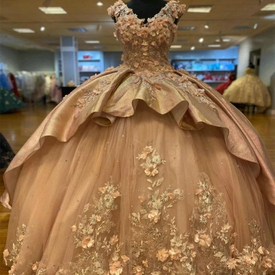 Sparky Rose Gold Shiny 3D Flowers Off the Shoulder Quinceanera Dress Beaded Tiered Princess Ball Gown for Sweet 16 Dress