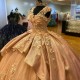 Sparky Rose Gold Shiny 3D Flowers Off the Shoulder Quinceanera Dress Beaded Tiered Princess Ball Gown for Sweet 16 Dress