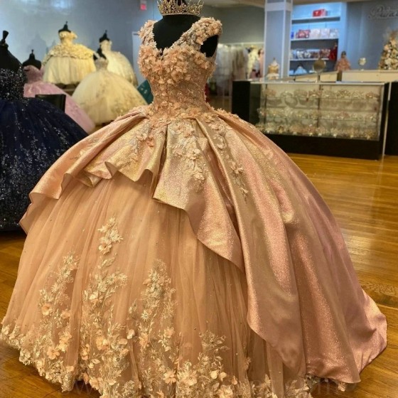 Sparky Rose Gold Shiny 3D Flowers Off the Shoulder Quinceanera Dress Beaded Tiered Princess Ball Gown for Sweet 16 Dress