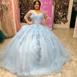 Sweet Sky Blue Quinceanera Dresses Ball Gown For Girls Applique Lace Vestidos De XV 15 Anos Beads Birthday Prom Dress