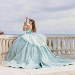 Sweetheart Aqua Blue Ball Gown Quinceanera Dress 2024 Beads Crystal Off Shoulder Sweet 15 16 Years Vestidos De XV Anos