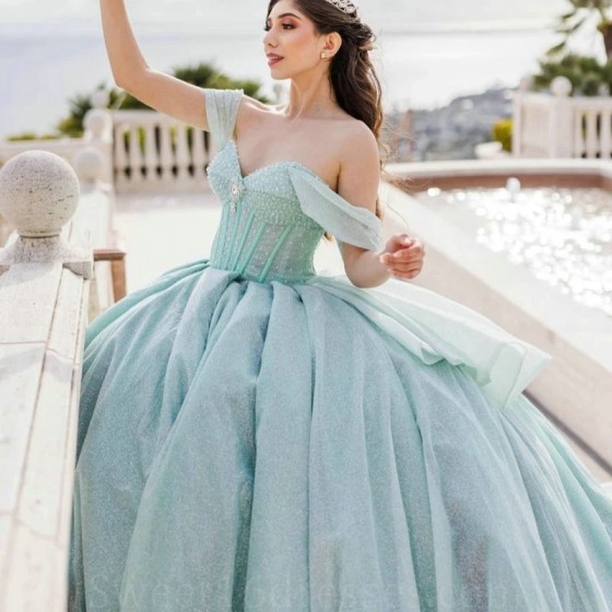 Sweetheart Aqua Blue Ball Gown Quinceanera Dress 2024 Beads Crystal Off Shoulder Sweet 15 16 Years Vestidos De XV Anos