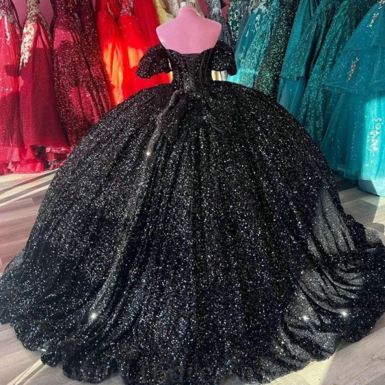 Sweetheart Black Shiny Quinceanera Dresses Off Shoulder Sequined Beads Chapel Train Corset Prom vestido de debutante 15 anos