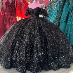 Sweetheart Black Shiny Quinceanera Dresses Off Shoulder Sequined Beads Chapel Train Corset Prom vestido de debutante 15 anos