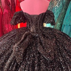 Sweetheart Black Shiny Quinceanera Dresses Off Shoulder Sequined Beads Chapel Train Corset Prom vestido de debutante 15 anos