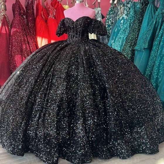 Sweetheart Black Shiny Quinceanera Dresses Off Shoulder Sequined Beads Chapel Train Corset Prom vestido de debutante 15 anos