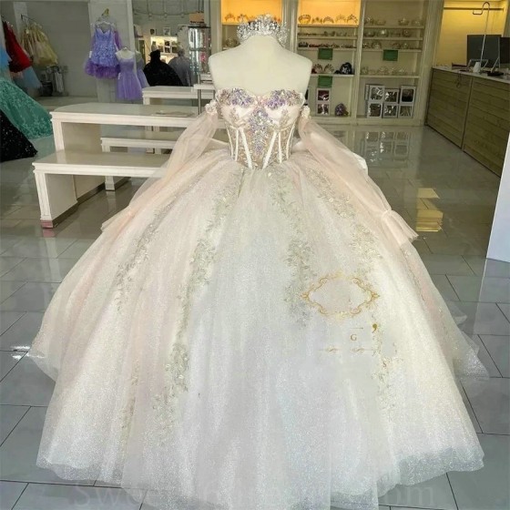 Sweetheart Champagne Shiny Quinceanera Dresses Crystal Applique Long Sleeve Off Shoulder Birthday Party Ball Gown Vestidos de 15