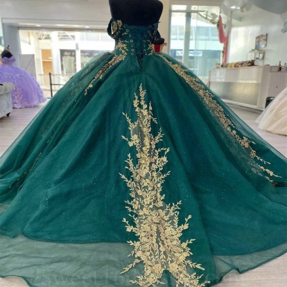 Sweetheart Emerald Green Ball Gown Quinceanera Dresses Gold Applique Lace Beads Sweet 16 Dress Pageant Gowns Vestidos De 15 Anos