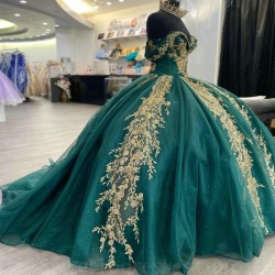 Sweetheart Emerald Green Ball Gown Quinceanera Dresses Gold Applique Lace Beads Sweet 16 Dress Pageant Gowns Vestidos De 15 Anos