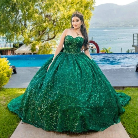 Sweetheart Emerald Green Quinceanera Dresses For Sweet 15 Year Sexy Off the Shoulder Puffy Ball Gown Lace Beads Princess