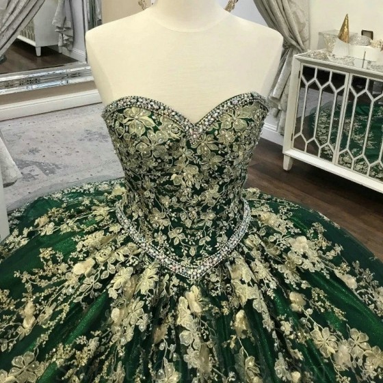 Sweetheart Green Shiny Quinceanera Dresses For 16 Girl Long Train Luxury Applique Lace Beads Birthday Prom Dress