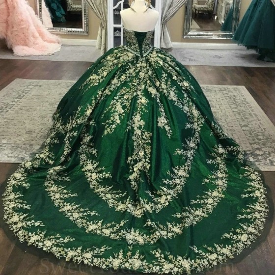 Sweetheart Green Shiny Quinceanera Dresses For 16 Girl Long Train Luxury Applique Lace Beads Birthday Prom Dress