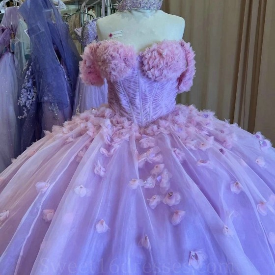 Sweetheart Lavender Ball Gown Quinceanera Dress Corset Flower Beading Sequins Tull Sweet 16 Dress Vestidos De XV 15 Anos