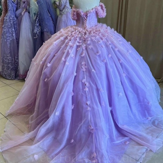 Sweetheart Lavender Ball Gown Quinceanera Dress Corset Flower Beading Sequins Tull Sweet 16 Dress Vestidos De XV 15 Anos